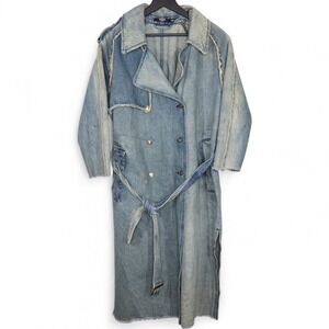 Jaded London Denim Belted Trench Coat Womens S Blue Distressed Longline Jacket